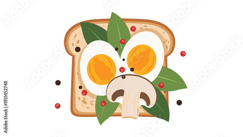 Healthy breakfast toast topped with sliced hard boiled eggs fresh green leaves a mushroom slice and scattered peppercorns.