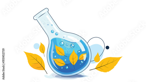 Laboratory glass flask containing a bright blue liquid with bubbles and several yellow autumn leaves floating inside on white.