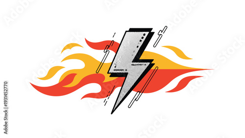 Stylized thunderbolt icon featuring halftone textures and flaming trail highlights power, speed, and energy for graphic design applications.