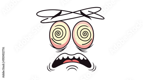 Comical cartoon face with swirling eyes and a worried expression represents dizziness, confusion, or being overwhelmed in a funny way.
