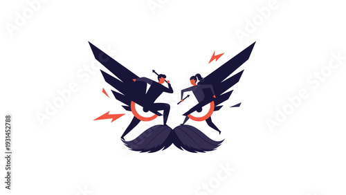 Surreal illustration shows winged characters in silhouette fighting on top of a giant purple mustache with lightning bolts in the background.