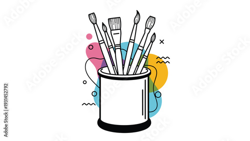 Artistic collection of paint brushes sits in a white container against a backdrop of colorful abstract shapes for creative expression.