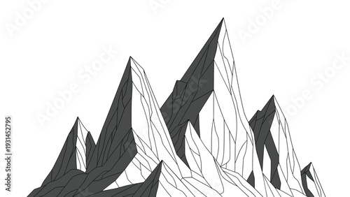 Minimalist geometric mountain range illustration uses sharp lines and gray shading to create a modern abstract landscape for various designs.