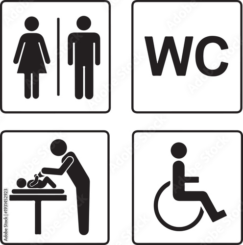 WC signs set. Man, woman, mother with baby and handicapped silhouettes isolated on white background. Male and female toilet door icons. Lady and gentleman restroom symbol. Cast logo concepts. Vector