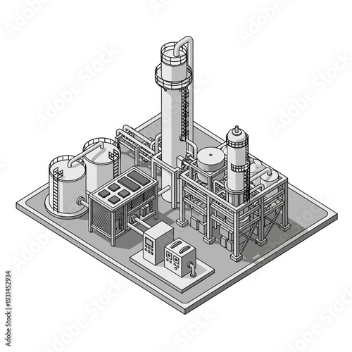 Isometric illustration of a modern industrial chemical processing plant with distillation towers, storage tanks, and control modules.