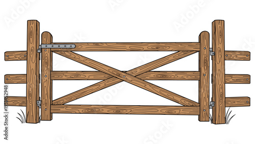 Sturdy wooden farm gate with a cross beam structure and metal hinges is set between two posts as a symbol of rural life and entry.