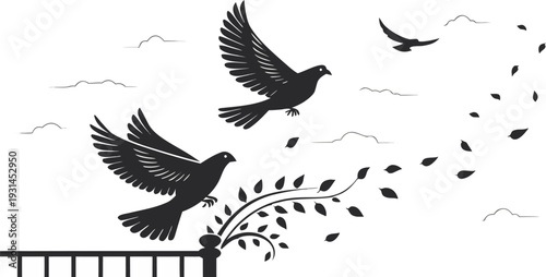 Black silhouette of birds flying away from a fence branch with leaves falling.