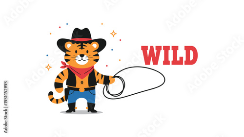 Cute cartoon tiger character dressed as a cowboy with a hat, vest, and boots holds a coiled lasso next to the word wild for kids design.
