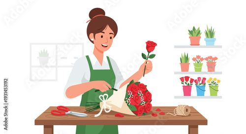 Female Florist Arranging Red Rose Bouquet for Valentine's Day in Flower Shop