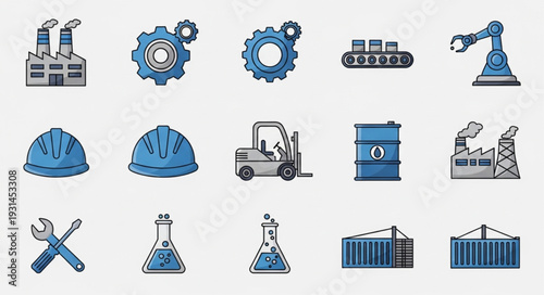Industrial Icons Set Factory Machine Tools and Equipment.
