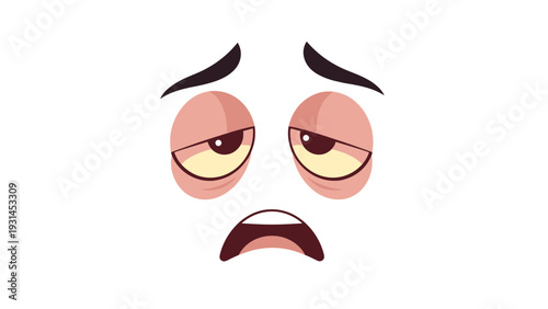 Cartoon face with drooping eyes and a sad mouth expresses feelings of exhaustion tiredness or deep sorrow on a plain white background.