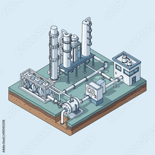 Isometric illustration of a carbon capture and utilization plant, showcasing industrial equipment and infrastructure for CO2 processing.