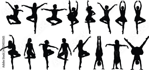 Dance silhouette collection, ballet and acrobatic poses, black vector illustration, graceful movement, artistic expression, body flexibility, minimal style, performance art