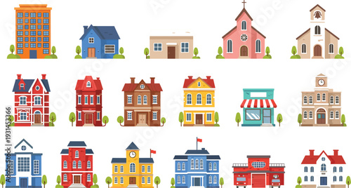 City Buildings Collection Vector Illustration with Houses Church School Fire Station Shop and Residential Architecture Set