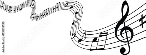 Flowing musical notes and treble clef illustration, dynamic melody staff waves, elegant black vector design for music education, concert posters, creative branding