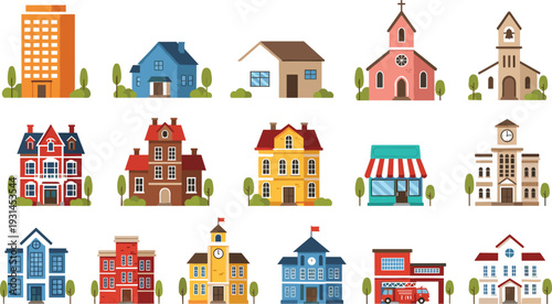 City Buildings Collection Vector Illustration with Houses Church School Fire Station Shop and Residential Architecture Set