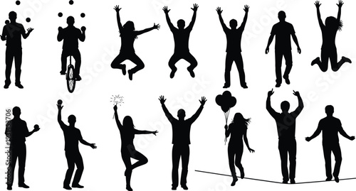 Human silhouette collection, juggling, dancing, unicycle, tightrope, expressive poses, black vector illustration, motion design, circus theme, playful movement, minimal style