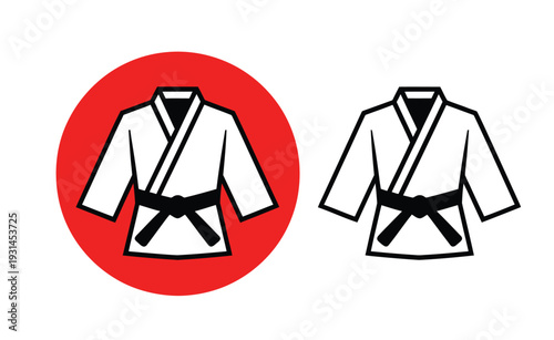 A white martial arts uniform with a black belt, depicted in two styles: one within a red circle, and one as an outline.