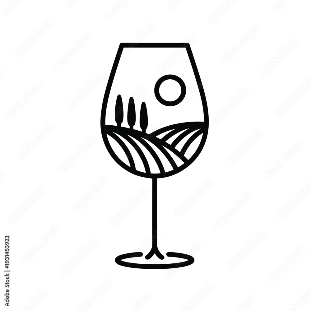 Fototapeta premium A minimalist line art illustration of a wine glass with a vineyard landscape, trees, and sun inside.
