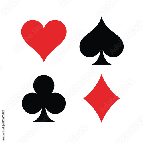 Four classic playing card suits, heart, spade, club, and diamond, displayed in a 2x2 grid on a white background.