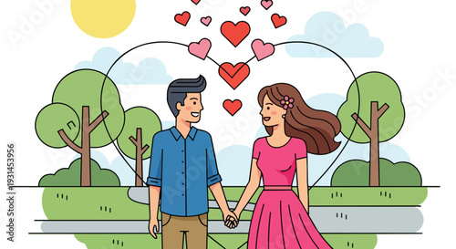 Romantic Young Couple Holding Hands in the Park Illustration