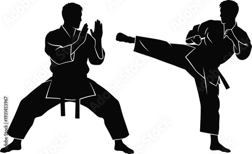 Martial arts silhouette, sparring pose, high kick action, black vector illustration, combat training, self-defense theme, dynamic movement, minimal style