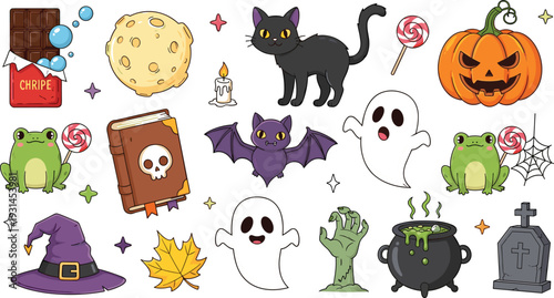 Cute Halloween Clipart Set with Pumpkin Ghost Black Cat Bat Witch Hat and Spooky Cartoon Elements Vector Illustration