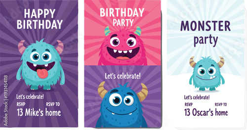 Cute Monster Birthday Party Invitation Card Set with Cartoon Characters Colorful Templates and Celebration Poster Vector Illustration