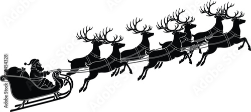 Santa sleigh silhouette with flying reindeer team, Christmas night delivery scene, festive holiday black vector illustration for greeting cards, posters, seasonal design