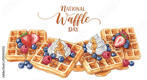 National Waffle Day Watercolor Banner with Berries
