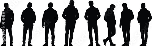Set of standing male silhouettes, men in casual poses, full body black figures, people outline collection for design, poster, branding use