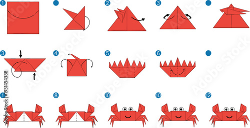 Step by Step Origami Crab Folding Instructions Diagram with Red Paper Sea Animal Tutorial Vector Illustration Guide