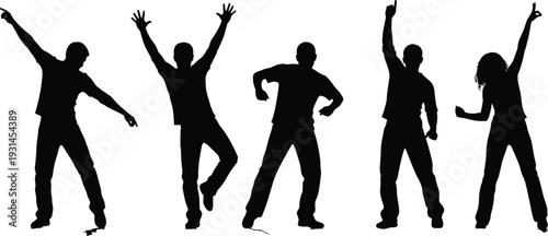 Silhouette of five dancers in expressive poses performing energetic movements in modern dance style on white background vector illustration