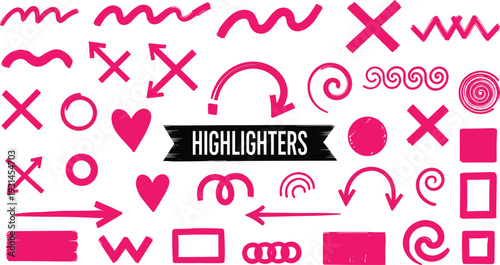 Pink Highlighter Doodle Elements Set with Arrows Hearts Scribbles and Marker Strokes Isolated Vector Illustration Collection