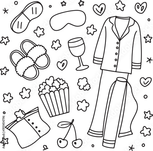 Relaxation and leisure time concept with pajamas and snacks