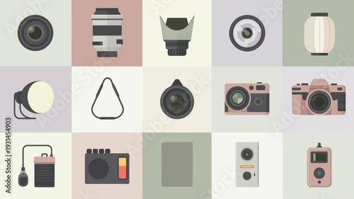 Vector Illustration Of A close up of a bunch of different types of cameras isolated on white background