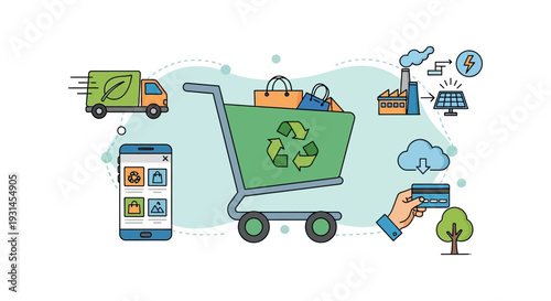 Sustainable E-commerce & Green Supply Chain Concept: Eco-Friendly Shopping, Renewable Energy Production, Recycled Goods, and Online Delivery Process