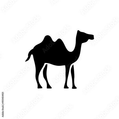 
Black silhouette of a Bactrian camel standing on a white background. Minimalist animal vector illustration.