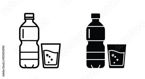 Two water bottle and glass arrangements presented in stark silhouette