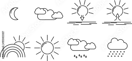 Linear meteorology icons, a collection of weather forecast symbols, including sun and cloud, rain and snow, wind and cloud cover, set isolated on background. Vector illustration.