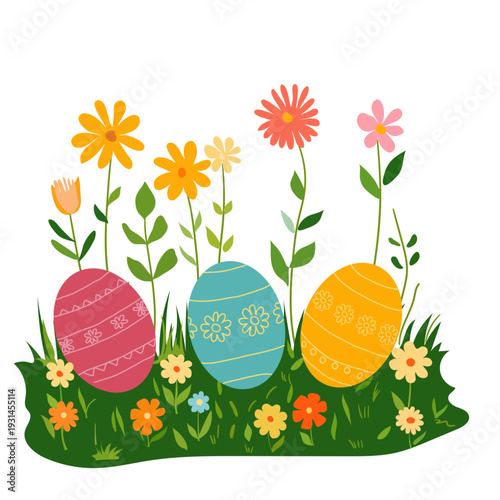 Easter eggs lie in the grass and flowers. Vector illustration. Hand-drawn image of a spring meadow, isolated on a white background. Suitable for cards, invitations, and Easter-themed decor. Leaves
