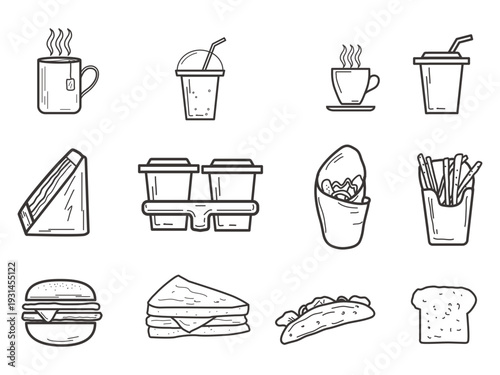 Fast food restaurant icons. Vector illustration. Simple illustrations of snacks and coffee, burgers and fries, desserts and tea. Pictograms and infographics for mobile apps.