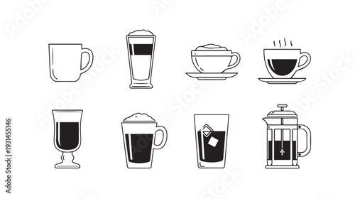 Coffee Drink Icons Set Various Hot and Cold Beverages Vector Style