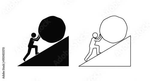Sisyphus pushing a boulder up a hill depicted in contrasting styles silhouette