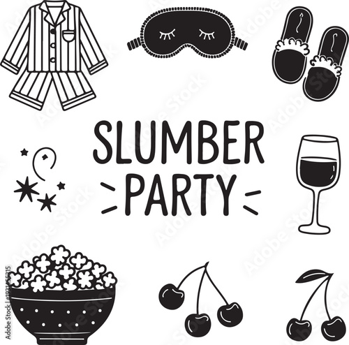 Black and white slumber party icons and text