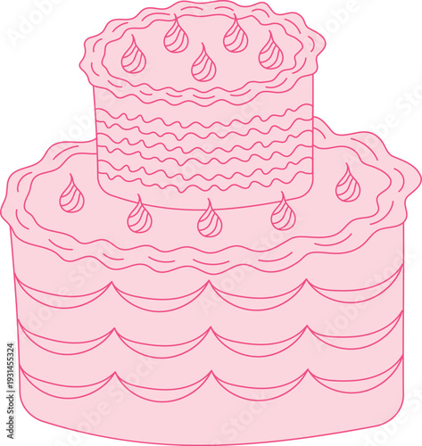 A pink vintage cake with a flirty style. A cute hand-drawn line art cake. A vector design element for invitations, cards, and menus.