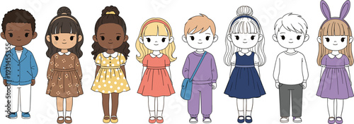 Diverse Cute Kids Characters Set with Different Skin Tones Hairstyles and Outfits Inclusive Children Cartoon Vector Illustration Collection