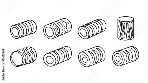 Collection of assorted Swiss Roll cakes and pastries in a hand-drawn line art style
