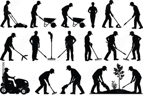 Flat vector gardening silhouettes, landscaping workers, lawn mowing, planting trees, raking leaves, wheelbarrow, trimming grass, outdoor yard work, garden design