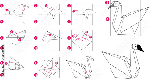 Step by Step Origami Swan Folding Instructions Diagram with Geometric Paper Bird Tutorial Vector Illustration Guide